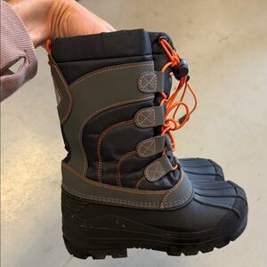 Navy and Gray Winter Boots with Orange Accents